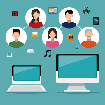color background of devices laptop an display computer with connecting social people vector illustration