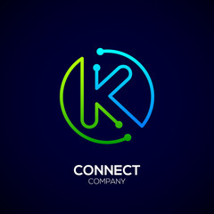 Letter K logo, Circle shape symbol, green and blue color, Technology and digital abstract dot connection