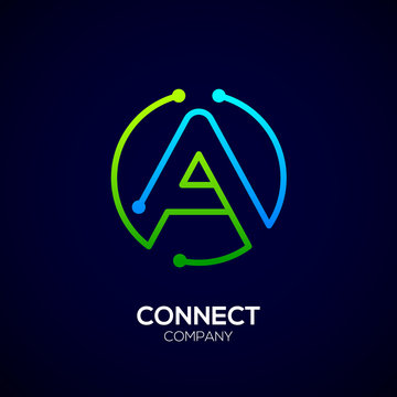 Letter A logo, Circle shape symbol, green and blue color, Technology and digital abstract dot connection