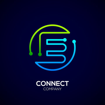 Letter E logo, Circle shape symbol, green and blue color, Technology and digital abstract dot connection