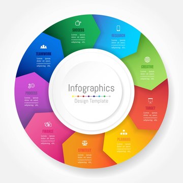 Infographic design elements for your business data with 9 options, parts, steps, timelines or processes, Arrow wheel circle style. Vector Illustration.