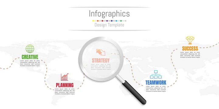 Infographic design elements for your business data with 5 options, parts, steps, timelines or processes and transparent magnifying glass.World map of this image furnished by NASA, Vector Illustration