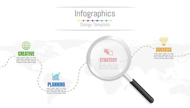 Infographic design elements for your business data with 4 options, parts, steps, timelines or processes and transparent magnifying glass.World map of this image furnished by NASA, Vector Illustration