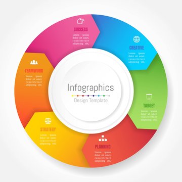 Infographic design elements for your business data with 6 options, parts, steps, timelines or processes, Arrow wheel circle style. Vector Illustration.