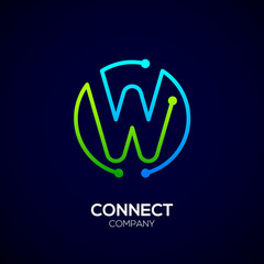 Letter W logo, Circle shape symbol, green and blue color, Technology and digital abstract dot connection