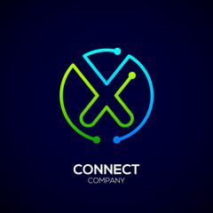 Letter X logo, Circle shape symbol, green and blue color, Technology and digital abstract dot connection