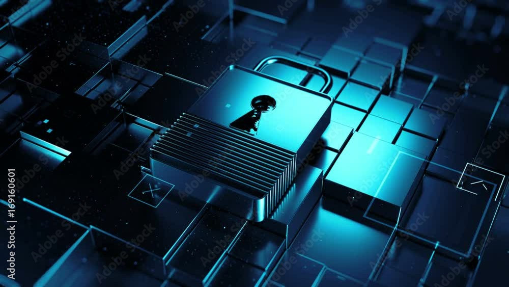 Poster abstract 3d rendered technology background. digital theme. lock is laying on fractured surface with 