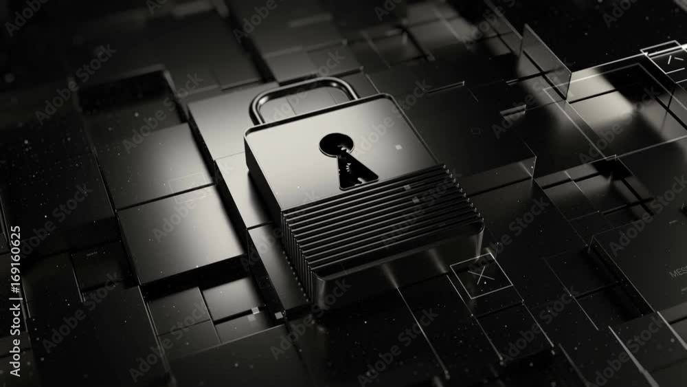 Poster abstract 3d rendered technology background. digital theme. lock is laying on fractured surface with 