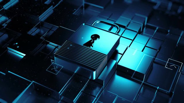 Abstract 3d rendered technology background. Digital theme. Lock is laying on fractured surface with random moved square primitives. Metal materials and particles elements.