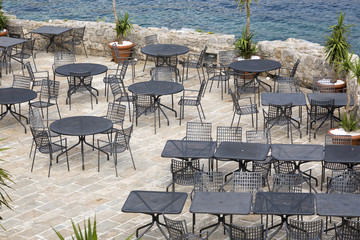 Interior cafe in the open air on the beach in old Budva, Montenegro.