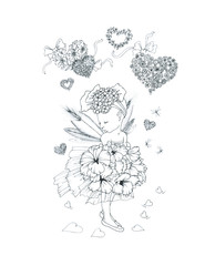 hadas, flores, ternura, blanco negro, jardin, figurativo, flor, floral,  ilustración, imaginación, fantasía, decorativo, sentimental, emotivo, alto contraste, mágico, 