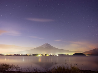 beauty night landscape view from kawaguchi lake with sky and fuji mountain range background (soft focus) from japan