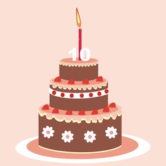 Birthday cake with candle. Chocolate cake with fruit. Birthday wish. Postcard. Vector icon.