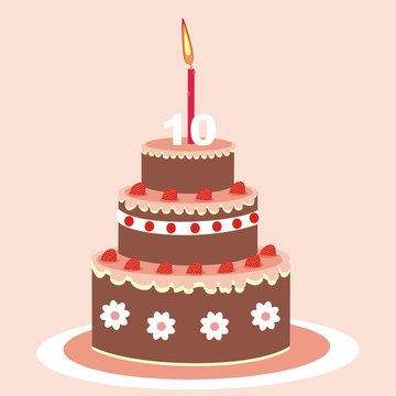 Birthday cake with candle. Chocolate cake with fruit. Birthday wish. Postcard. Vector icon.