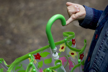 on the finger of children's hands hanging umbrella