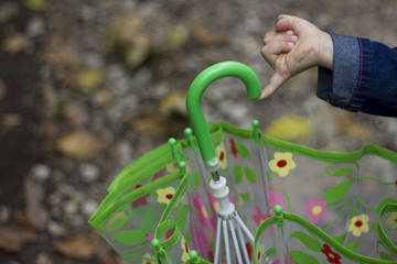 on the finger of children's hands hanging umbrella
