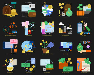 Business theme elements collection, flat icons set, Colorful symbols pack contains - Currencies Dollar, Euro, Yen, Bitcoin. Vector illustration. Flat style design