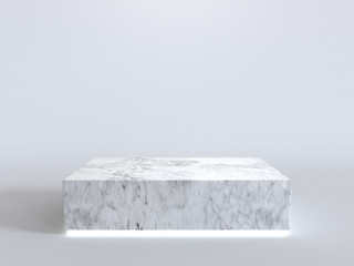 Empty marble podium with neon light glowing on white background. 3D rendering.

