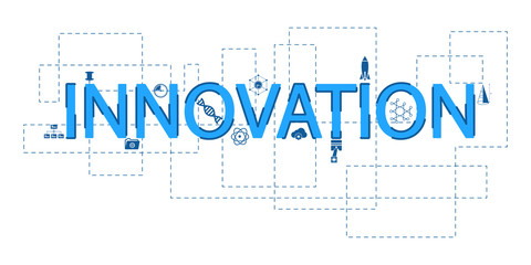 Vector creative illustration of innovation word lettering typography with line icons on white background. Innovation technology concept. Thin line art style design for innovation technology theme