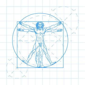 The Vitruvian man blueprint. Called Leonardo's man. Detailed vector drawing based on the artwork by Leonardo da Vinci c. 1490.