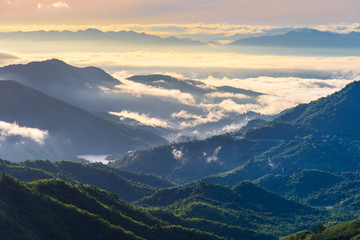 Romantic sea of fog over valley with mountain background at hazy sunrise. Misty evergreen mountain landscape.