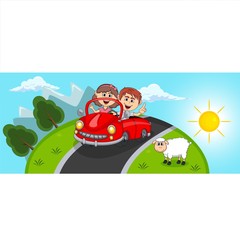 Car, a couple young passengers with Hill and sheep background cartoon