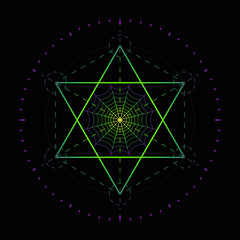Sacred geometry hexagram with cobwebs inside, colored lines on a black background.