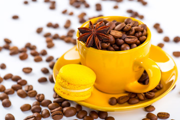 Coffee cup and beans on a white background.