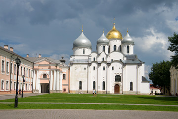 Fototapeta na wymiar View of St. Sophia Cathedral under a thunder-storming sky in a summer day. Veliky Novgorod