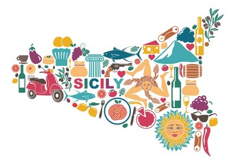 Stylized map of Sicily with traditional symbols - obrazy, fototapety, plakaty