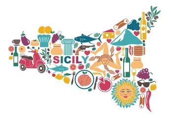 Foto op Plexiglas Stylized map of Sicily with traditional symbols © Katsiaryna