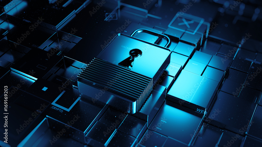 Poster abstract 3d rendered technology background. digital theme. lock is laying on fractured surface with 