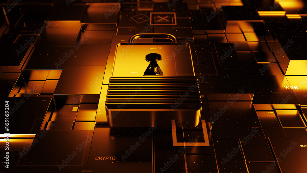 Poster abstract 3d rendered technology background. digital theme. lock is laying on fractured surface with 