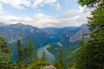 View from Achenkanzel down to Lake Koenigssee, Berchtesgaden, Bavaria to Church St. Bartholomä