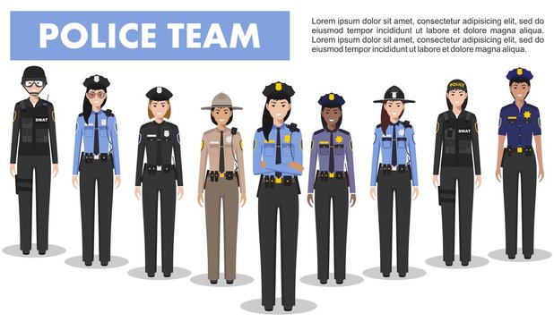 Police people concept. Detailed illustration of SWAT officer, policewoman and sheriff in flat style on white background. Vector illustration.