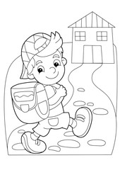 cartoon coloring page - boy going to school or getting back to home - illustration for children
