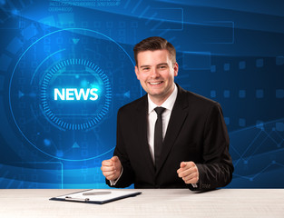 Modern televison presenter telling the news with tehnology background