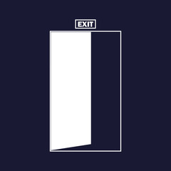 Vector image of a door with an inscription exit. Vector white icon on dark blue background.