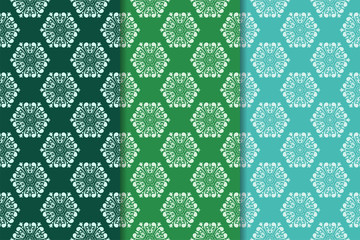 Green set of floral ornaments. Seamless patterns