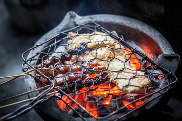 grill sate and tempe at iconic traditional food angkringan photo taken in jogja yogyakarta indonesia