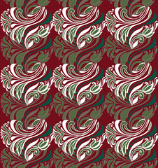 Seamless pattern of decorative green hearts on a red background. Decorative ornament backdrop for fabric, textile, wrapping paper