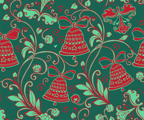 Seamless ornament with Christmas red bells on a green background. Decorative ornament backdrop for fabric, textile, wrapping paper