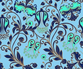 Seamless blue floral pattern with gold. Decorative ornament backdrop for fabric, textile, wrapping paper