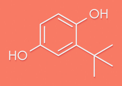 TBHQ (tert-Butylhydroquinone) antioxidant preservative molecule. Skeletal formula.