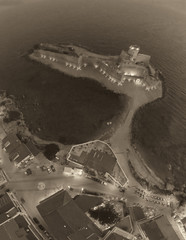 Panoramic overhead night view of Aragonese Fortress, Calabria, Italy