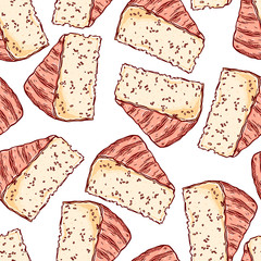Pretty seamless pattern made of hand drawn colorful sliced emmental cheese.