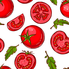 Pretty colorful seamless pattern made of hand drawn tomatoes and leaves.