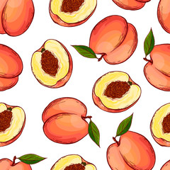 Pretty colorful seamless pattern made of hand drawn sweet peaches.