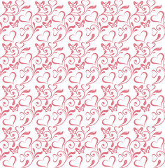 Vector Seamless floral pattern pink hearts and butterflies. Decorative ornament backdrop for fabric, textile, wrapping paper