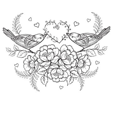 Birds with heart and roses for the anti stress coloring page